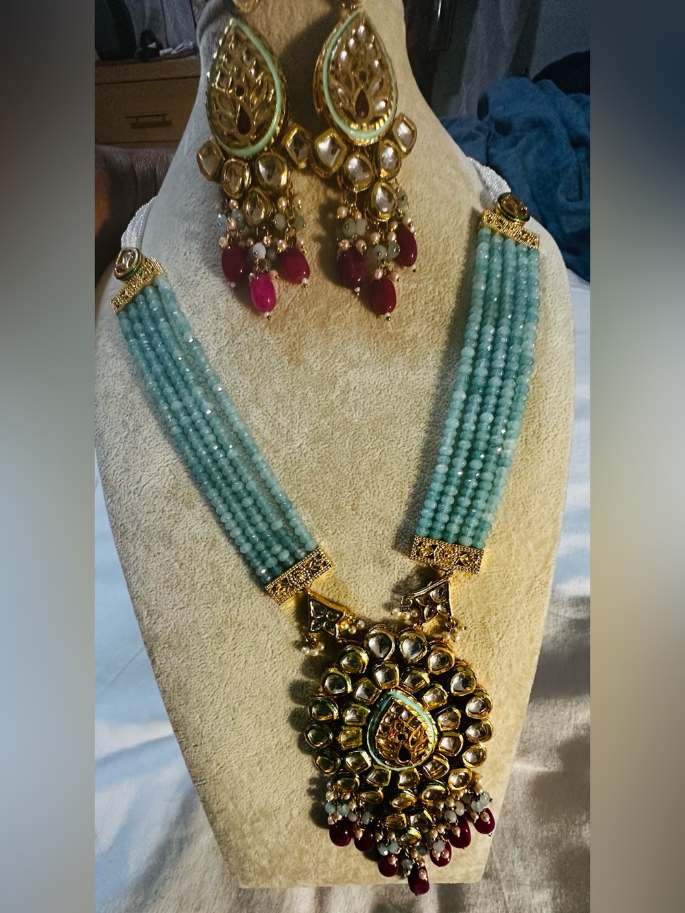 Gold and Aqua semi-precious Beaded Jaipuri kundan Necklace with Matching Earring